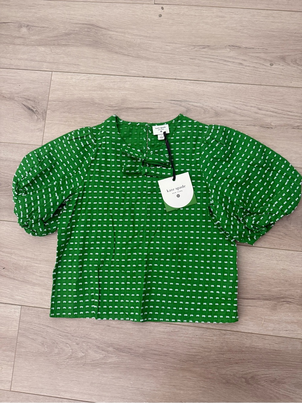 kate spade Green Puff-Sleeve Dot Bow Top